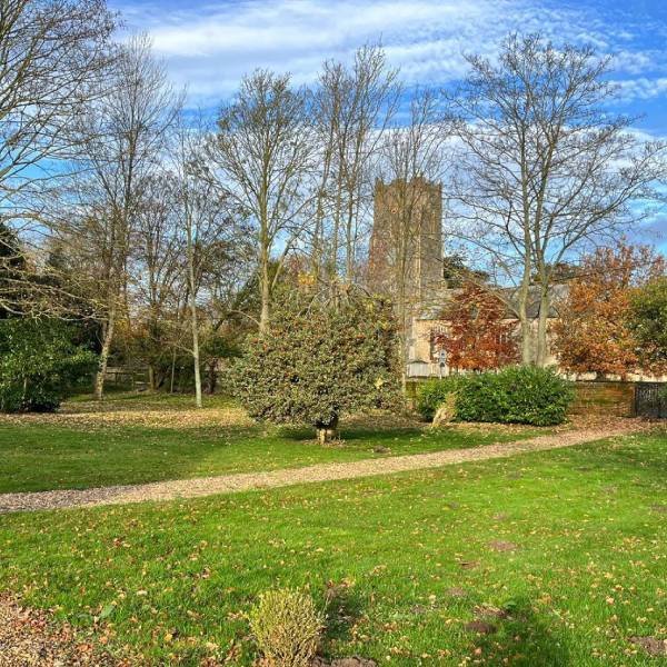 Church at bottom of garden